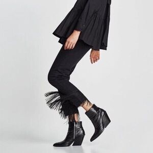 Zara Womens Black Denim High Rise Stretch Fringes Cropped Jeans Dark Wash Size 2